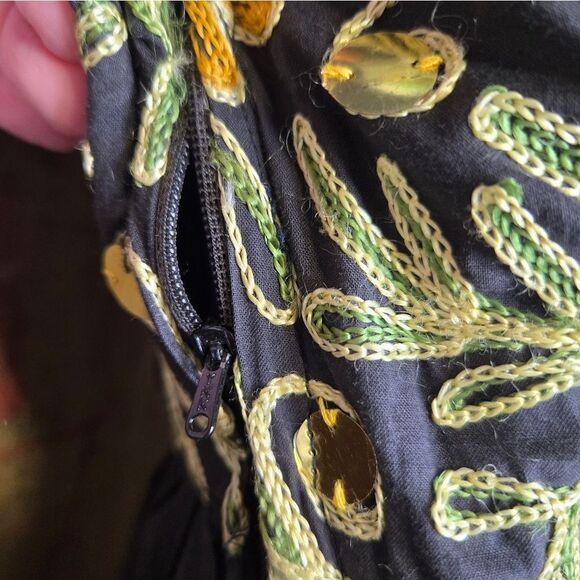 VINTAGE 90s black embroidered boho floral peasant lagenlook midi dress ‎ S - Picture 7 of 13